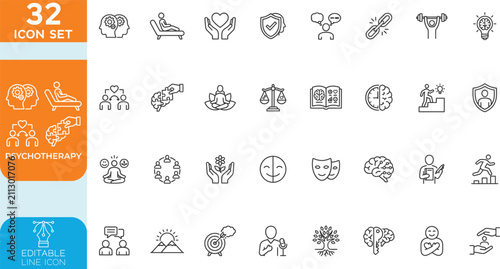 Professional psychotherapy and mental health counseling line editable Vector illustration icon set. human elements, psychological therapy, sessions and emotional support. on transparent background.