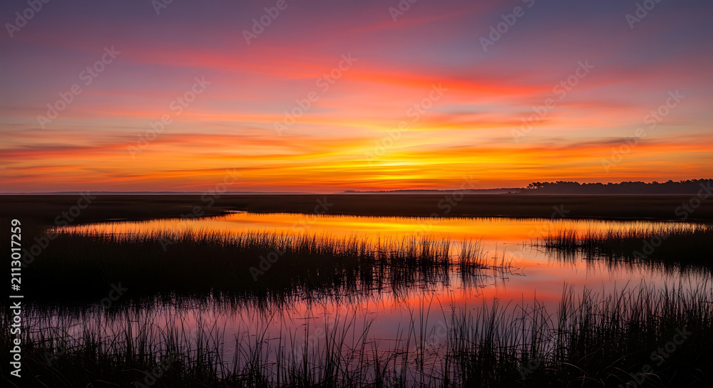 Fototapeta premium Vibrant golden hour marshland landscape under a fiery multi colored sky at sunset