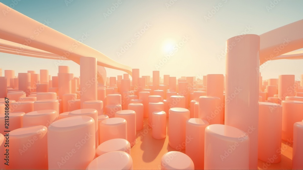 Fototapeta premium Abstract cityscape. Peach tones dominate, cylindrical structures extend toward horizon. Soft light creates futuristic feel. Minimalist design.