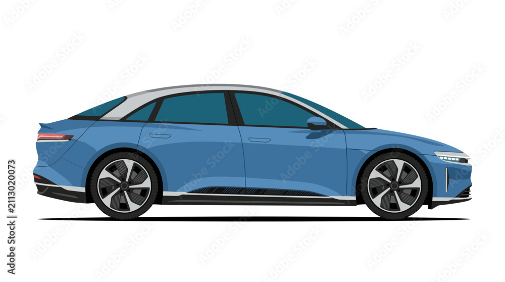 Fototapeta premium Side View of a Modern Blue Electric Luxury Sedan