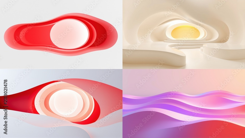 Fototapeta premium Abstract backgrounds, vibrant colors, smooth shapes. Four panels display flowing designs, gradients, soft lighting. Modern aesthetic.