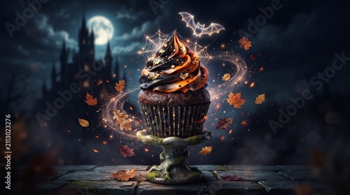 Festive chocolate cupcake with spooky decoration on dark background for Halloween