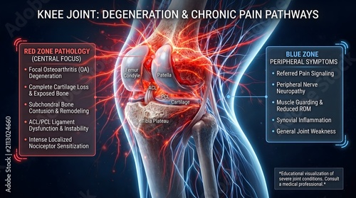 Knee joint degeneration and chronic pain pathways diagram with illustrates knee rehabilitation illustration