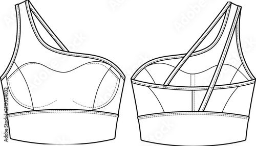 Modern Asymmetrical Sports Bra Technical Flat Sketch with Dual Strap DesignModern Asymmetrical Sports Bra Technical Flat Sketch with Dual Strap Design
