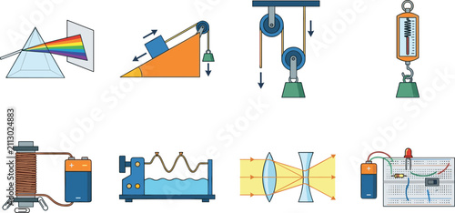 Physics Experiment Icon Set Featuring Optics, Mechanics, Electricity, and Wave ConceptsPhysics Experiment Icon Set Featuring Optics, Mechanics, Electricity, and Wave Concepts