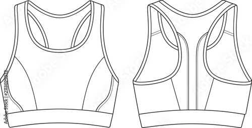 Sports Bra Technical Flat Sketch Showing Front and Racerback Design for ActivewearSports Bra Technical Flat Sketch Showing Front and Racerback Design for Activewear