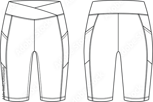 Technical Flat Sketch of High-Waist Biker Shorts with Crossover Waistband and Side PanelsTechnical Flat Sketch of High-Waist Biker Shorts with Crossover Waistband and Side Panels