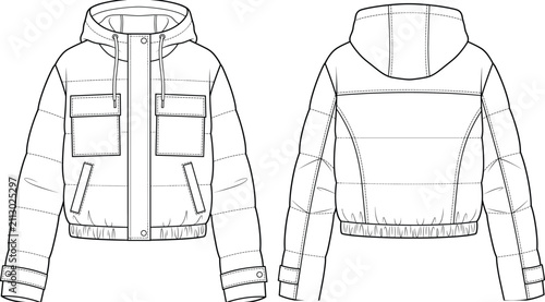 Technical Flat Sketch of Hooded Puffer Jacket with Front Flap Pockets and Ribbed HemTechnical Flat Sketch of Hooded Puffer Jacket with Front Flap Pockets and Ribbed Hem