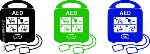 Automated external defibrillator AED device with heart shock pads vector icon set design