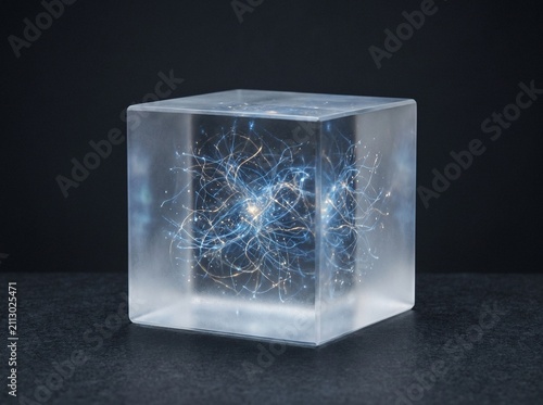 Neural network of glowing blue and gold energy filaments suspended inside a frosted glass cube