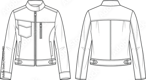 Technical Flat Sketch of Modern Biker Jacket with Zipper Closure and Chest PocketsTechnical Flat Sketch of Modern Biker Jacket with Zipper Closure and Chest Pockets