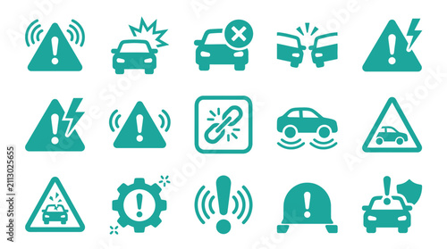 Set of 15 teal automotive warning and safety icons on white background featuring car crash symbols, road hazard triangles, electrical fault lightning, engine gears, and vehicle security.