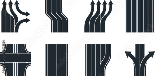 Traffic Lane Flow Diagram Icon Set Showing Road Merging, Splitting, and Intersection PatternsTraffic Lane Flow Diagram Icon Set Showing Road Merging, Splitting, and Intersection Patterns