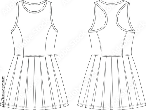 Technical Flat Sketch of Sleeveless Pleated Dress with Fitted Bodice and Racerback DesignTechnical Flat Sketch of Sleeveless Pleated Dress with Fitted Bodice and Racerback Design