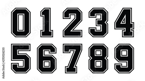 Bold black and white collegiate style varsity numbers zero through nine featuring a clean double outline for athletic jersey designs