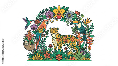 Foto Colorful jungle scene with leopard and vibrant flora.