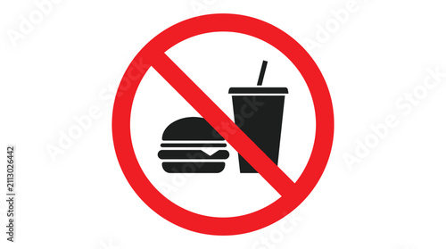 A bold red circular prohibition sign featuring a black burger and drink icon representing a strict no food policy