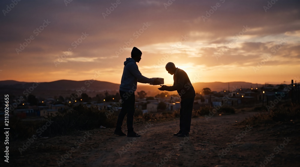 Fototapeta premium Silhouette of a person giving food to an elderly man at sunset.