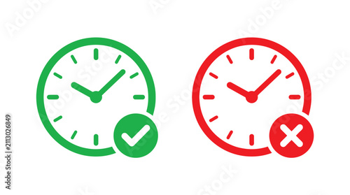 Minimalist vector icons of a green clock with a check mark and a red clock with an x symbol
