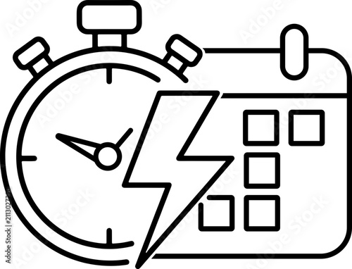 Time Management and Efficiency Icon Set Featuring Stopwatch Calendar and Lightning Bolt Symbol in Minimalist Line Art Style for Business Productivity and Deadline Concepts