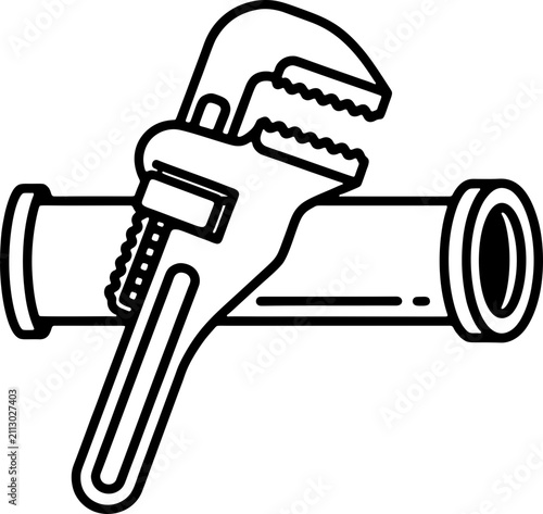 Plumbing Pipe Wrench and Metal Pipe Vector Illustration, Minimalist Black and White Line Art Icon for Maintenance, Repair, and Construction Services Design