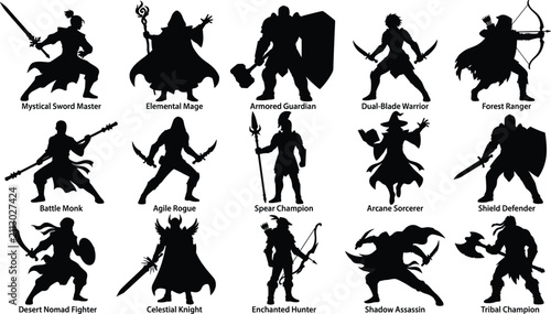 Obraz na płótnie Epic collection of fantasy character silhouettes featuring warriors, mages, guar