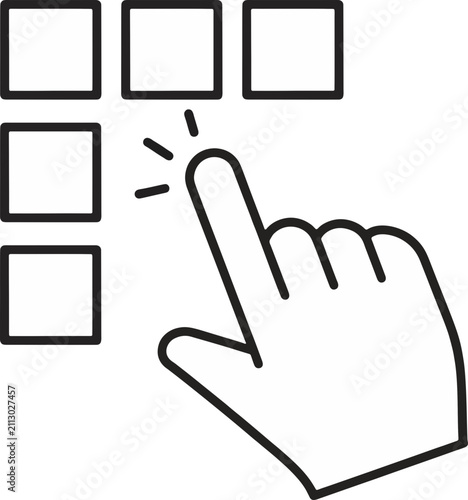 Minimalist Black and White Vector Icon of a Hand Cursor Clicking on a Grid Menu Layout, Ideal for User Interface Design, Web Navigation, Digital Selection, and App Interactive Elements.