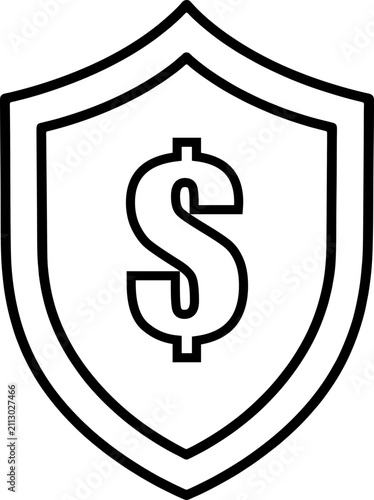 Financial Protection and Money Security Icon Vector Illustration, Minimalist Line Art Shield with Dollar Sign for Banking, Insurance, and Investment Safety Design
