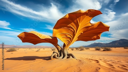 A Welwitschia mirabilis plant with broad leaves sprawling across a desert landscape.