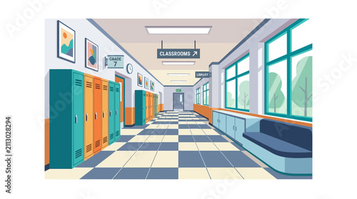 Modern school corridor interior illustration with row of lockers and classroom doors