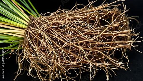 A dense cluster of vetiver grass roots, intricate and detailed on a dark background.