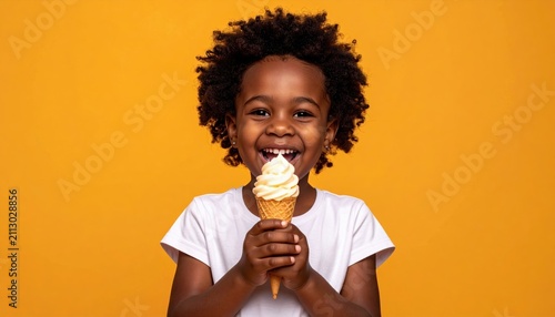 little girl enjoying vanilla ice cream cone on orange background