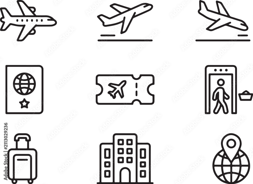 Obraz premium Minimalist Travel and Aviation Icon Set Featuring Airplanes, Luggage, Passport, Ticket, Airport, and Globe Vector