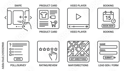 Plakat User interface and interaction icons for e-commerce, booking, feedback, and navigation features.