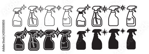 Fotografie Cleaning spray bottle set, sprayer with detergent in different styles, flat design for home cleaning products
