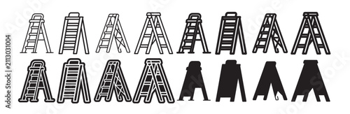 Ladder icons set stepladder extension ladder A frame ladder outline and filled versions for access.