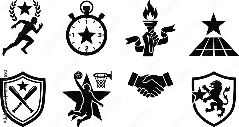 Fototapeta premium Set of professional sports and athletic achievement vector icons with silhouette emblems for tournament branding