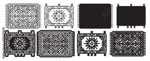 Bild auf Leinwand Black and white set of rectangular rugs with abstract geometric patterns and fringe designs for home interior decoration