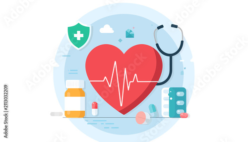 Heart Health and Medicine Protection Vector Illustration