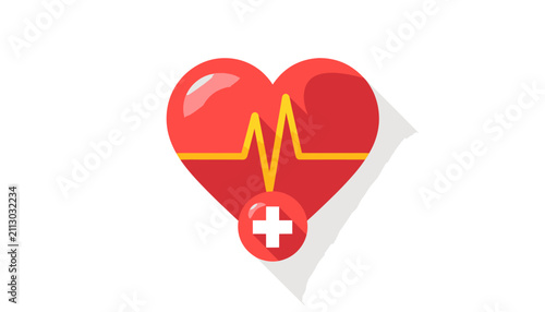 Red Heart with Medical Cross and Heartbeat Line Illustration