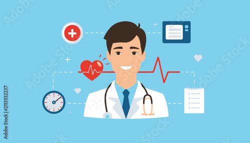 Male Doctor Avatar with Healthcare Icons Vector Illustration