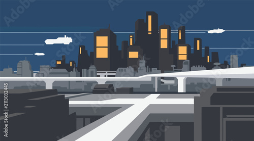 Obraz na plátne Futuristic night cityscape with flying vehicles and infrastructure, futuristic