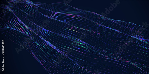 Abstract futuristic tech wave with lines from color points data in flow on dark. Concepts for digital technology and science. Artificial Intelligence. Vector Illustration.