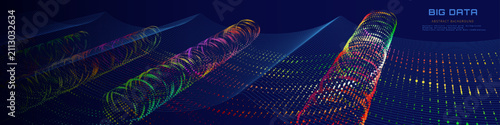 Abstract futuristic blue lines and color particles flow in way. Glowing  lines over color dots lines in cyberspace. 5G. Futuristic big data streaming in flowing inside of optical way.