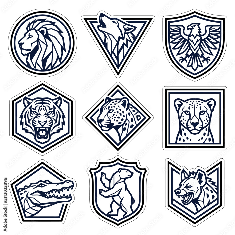 Obraz premium A collection of nine monochrome animal emblems featuring a lion, wolf, eagle, tiger, leopard, cheetah, crocodile, bear, and hyena arranged in geometric frames.