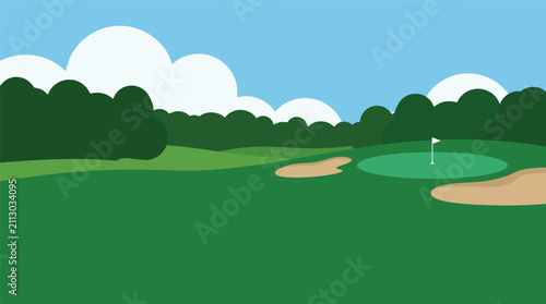 Golf course putting green with sand trap and trees recreation outdoors