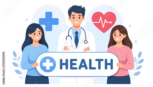 Healthcare Team Holding Health Sign Vector Illustration