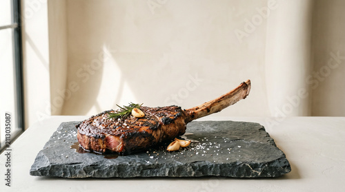 Tomahawk Steak on Slate: A perfectly grilled tomahawk steak, seasoned with herbs and garlic, rests on a rustic slate platter, inviting indulgence and culinary delight.