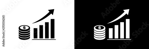 Stack of Coins with Upward Trending Bar Graph Illustrating Financial Growth Featuring Dollar, Sign, Trend with Finance and Money