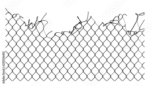 Broken Chain Link Fence with Torn Wire Mesh Isolated on White Background